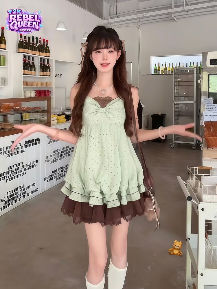 Elastic Lace Trim - Urocza koreańska sukienka na ramiączkach w